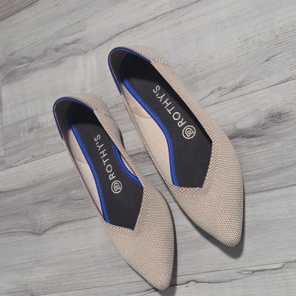 Rothys Womens Pointed Toe Flat Ballet Knit Shoes Slip On Blue Trim Gray